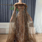 Off Shoulder Feathers Brown Evening Dress with Cape Sleeves LA72401