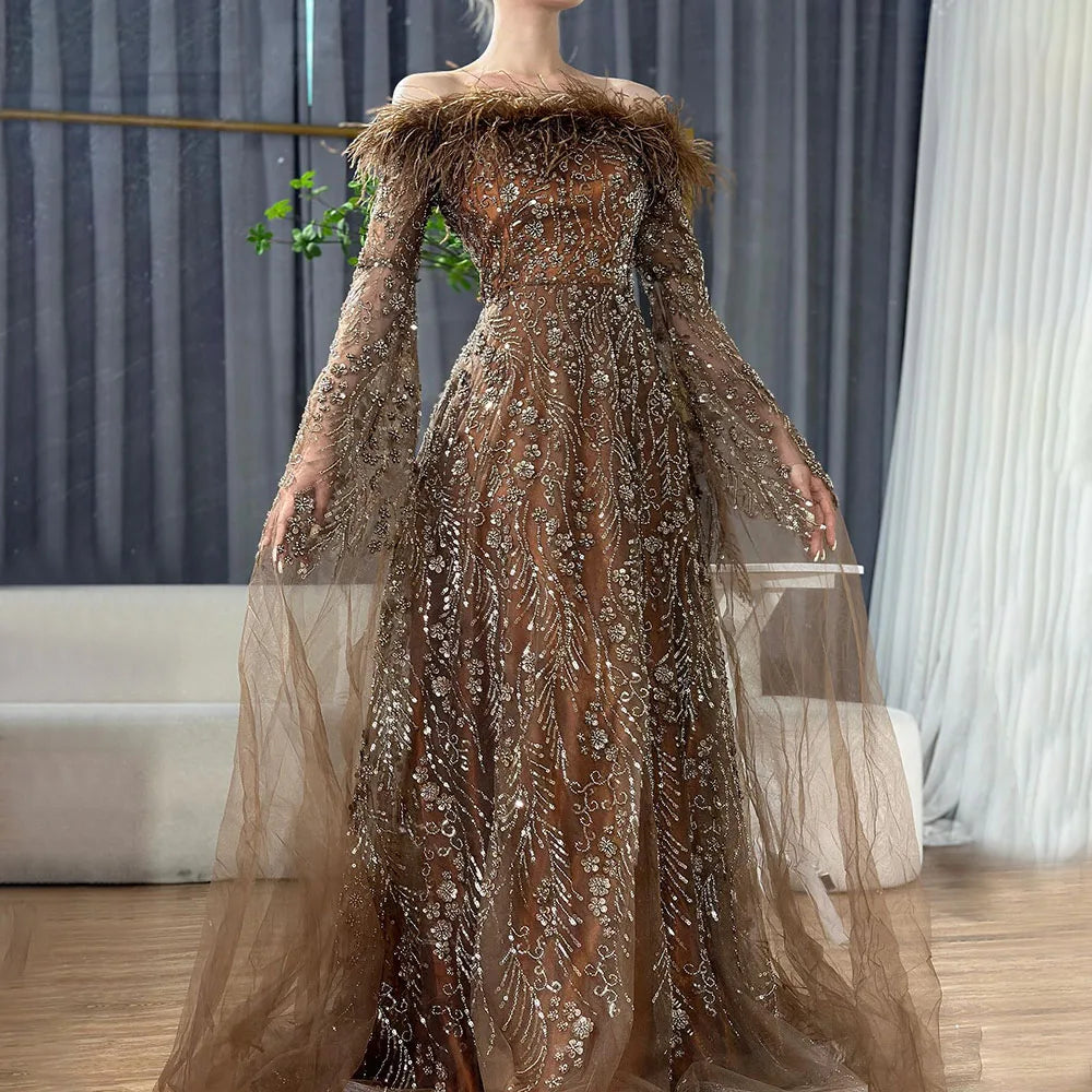 Off Shoulder Feathers Brown Evening Dress with Cape Sleeves LA72401