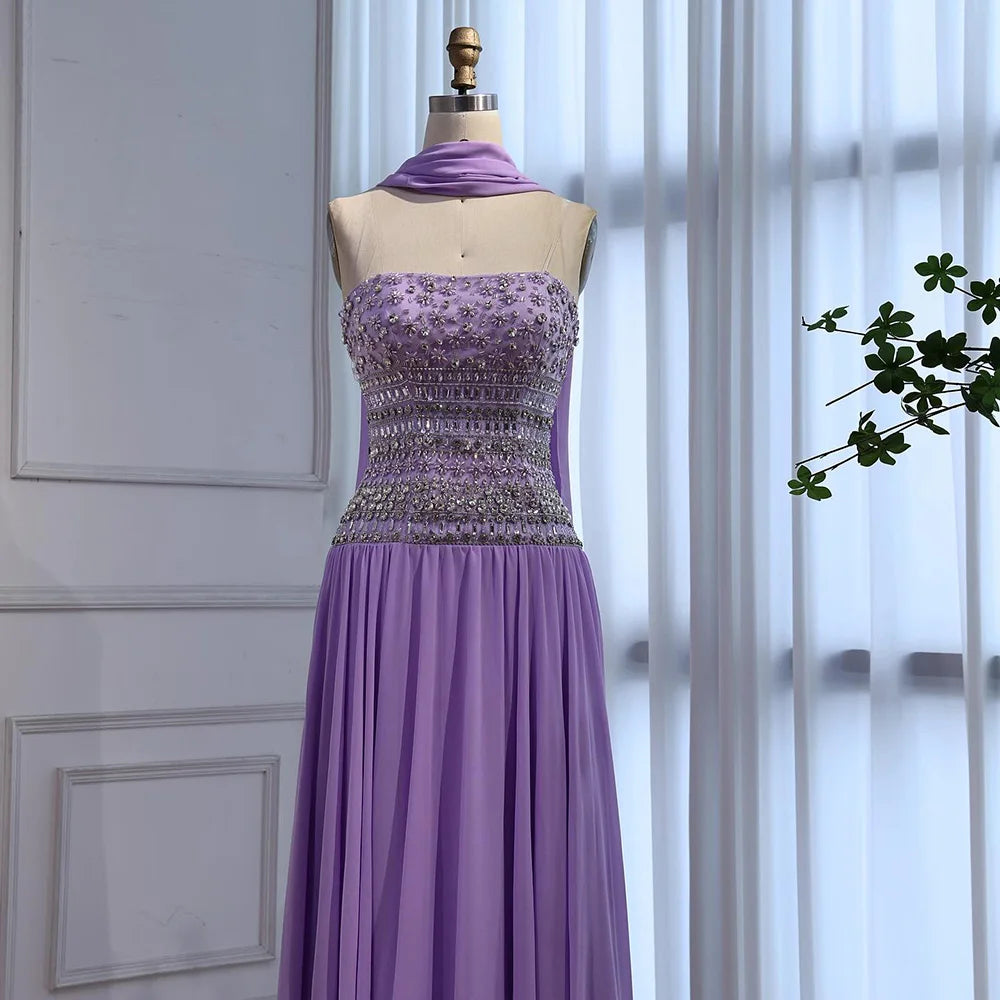 Lilac   Beaded A Line Arabic Evening Dress LA73044