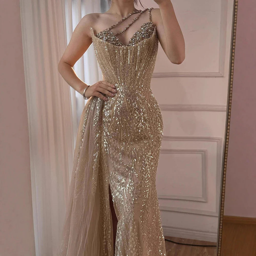 Luxury Nude Crystal Beaded One-Shoulder Evening Dress with Overskirt LA73161
