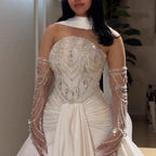 White Satin Beaded Evening Dress with Gloves LA73086