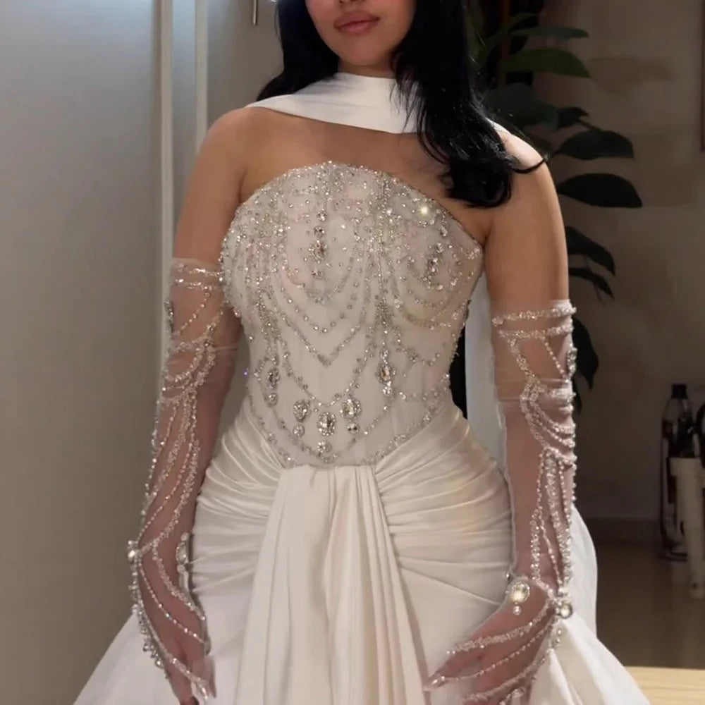 White Satin Beaded Evening Dress with Gloves LA73086