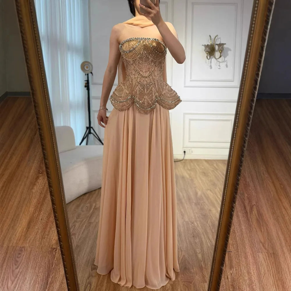 Luxury Designer Nude Beaded Chiffon Evening Dress LA72915