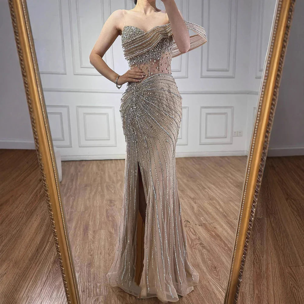 Luxury Pink Crystal One Shoulder Beaded Evening Dress Split LA73197 - SERENE HILL