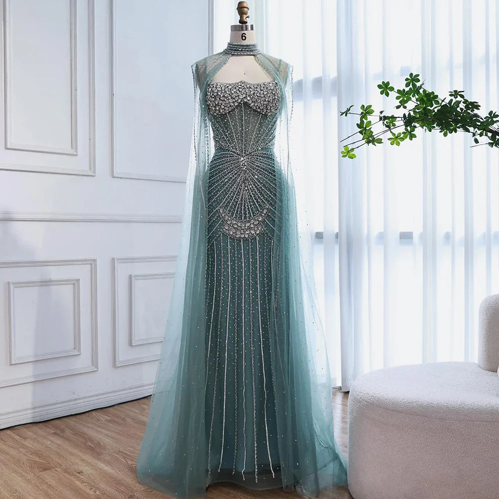 Luxury Turquoise Crystal Beaded Evening Dress with Cape LA73202 - SERENE HILL