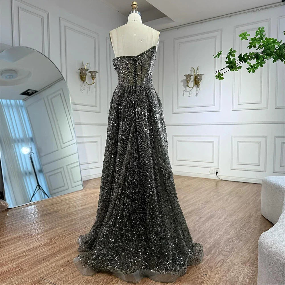 Luxury Olive Green Beaded Mermaid Evening Dress with Overskirt LA73164