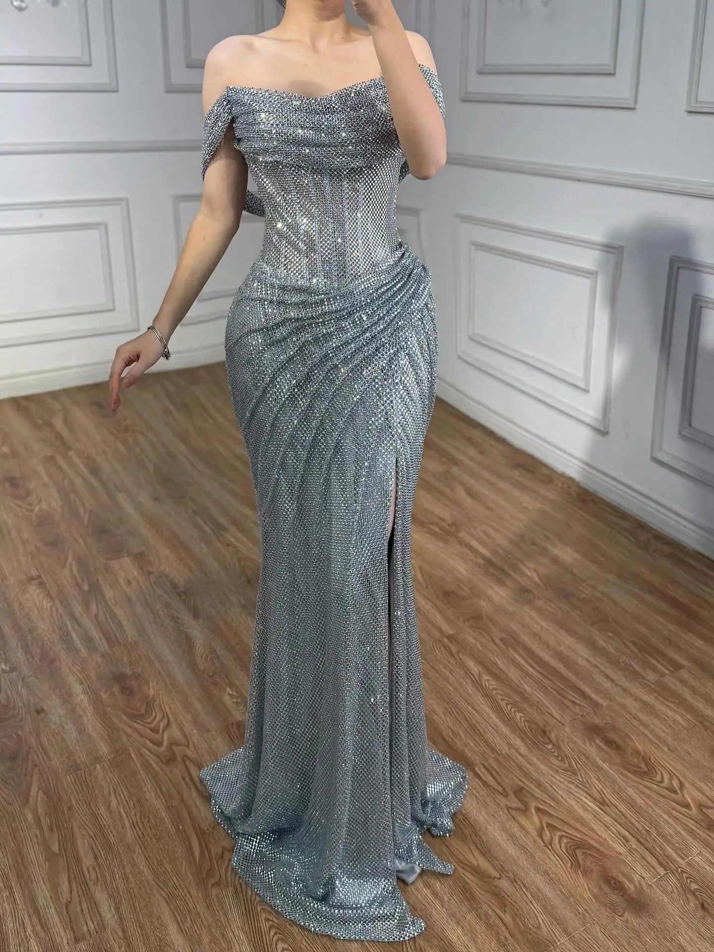 Luxury Silver Diamond Corset Off Shoulder Mermaid Evening Dress LA73410 - SERENE HILL