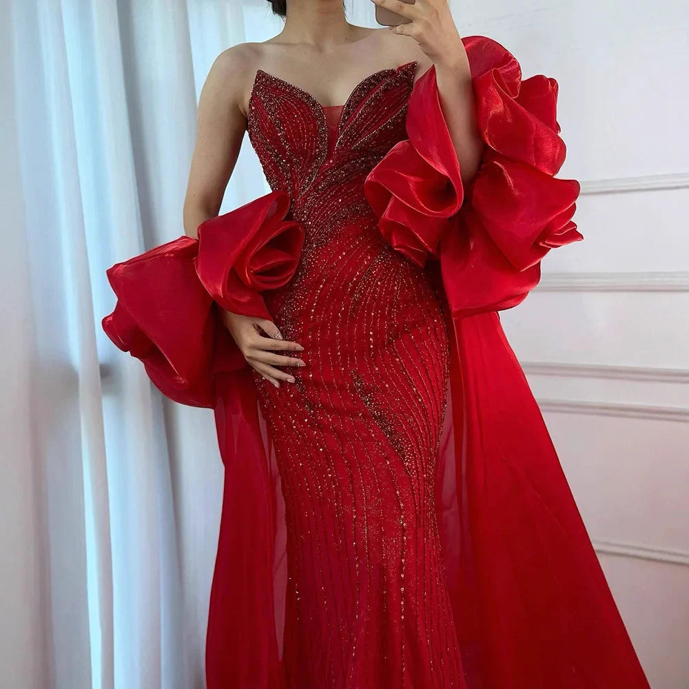 Red Trapless Mermaid Beaded Evening Dress with Cape LA72896