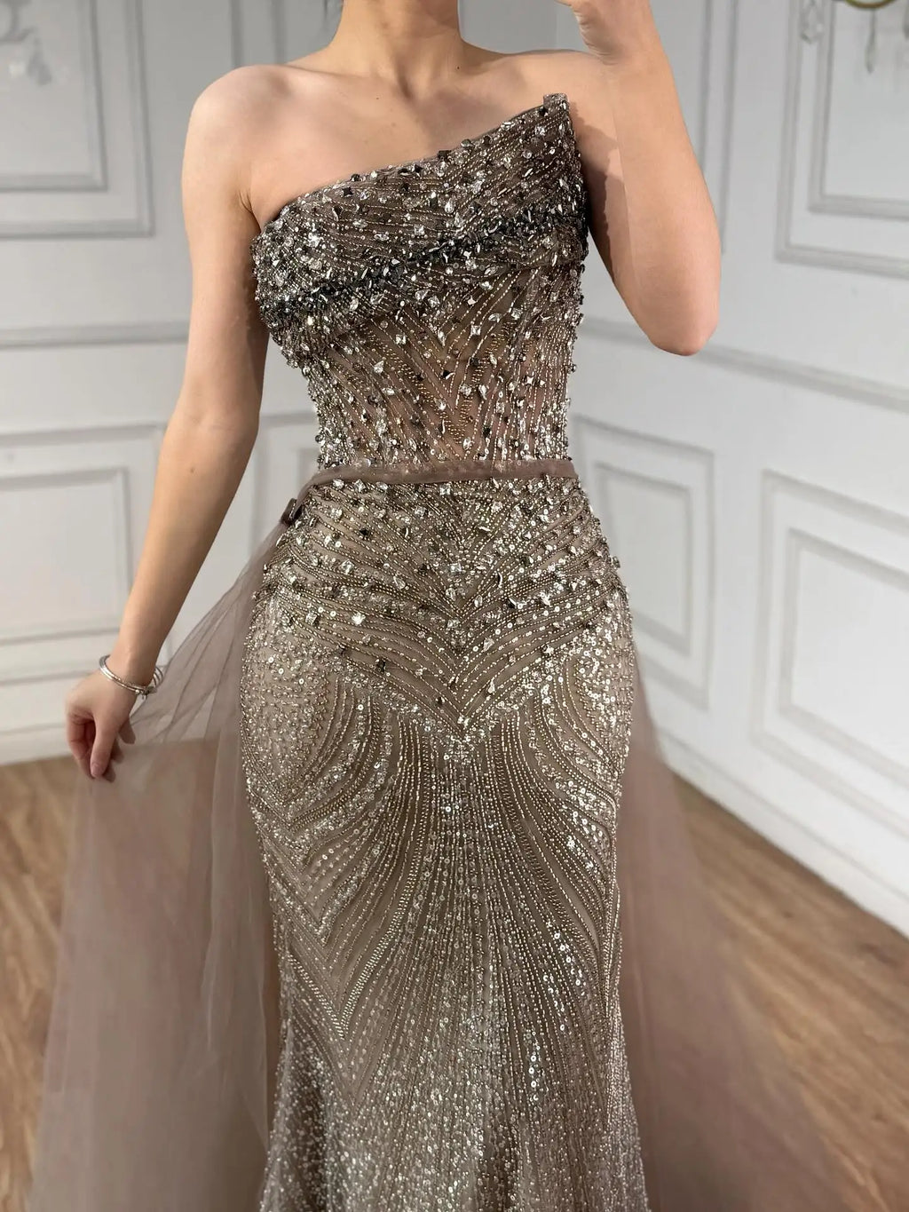 Luxury Olive Green Beaded Mermaid Evening Dress with Detachable Overskirt LA73164A