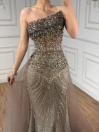 Luxury Olive Green Beaded Mermaid Evening Dress with Detachable Overskirt LA73164A