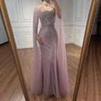 Luxury Dubai Nude Mermaid Evening Dress with Cape Sleeves LA73195 - SERENE HILL