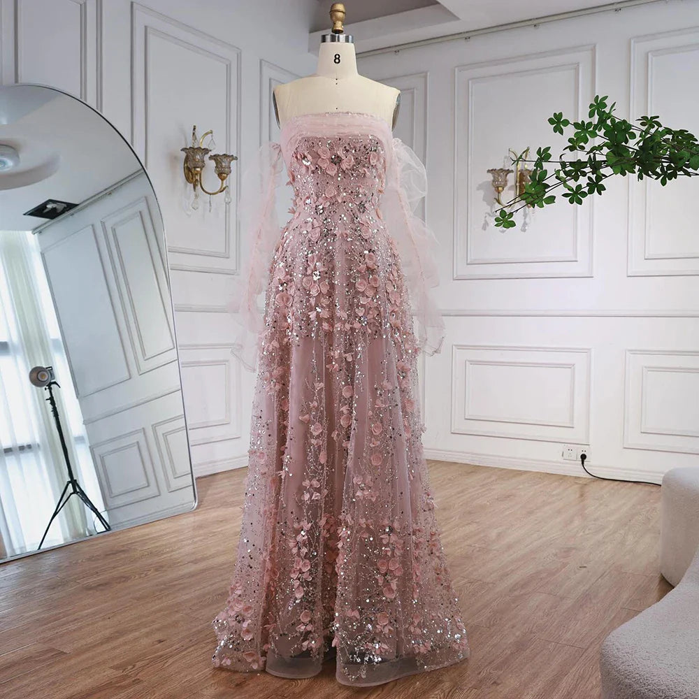 Elegant Pink 3D Flowers Evening Dress with Gloves LA72912