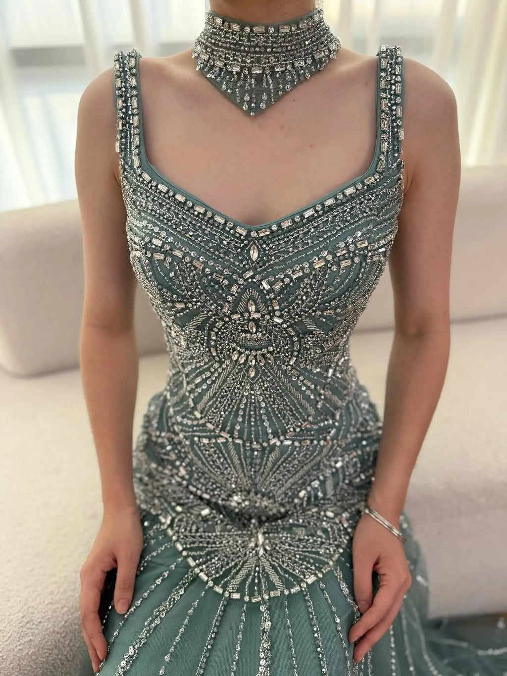 Luxury Turquoise Arabic Mermaid Beaded Evening Dress LA73189B