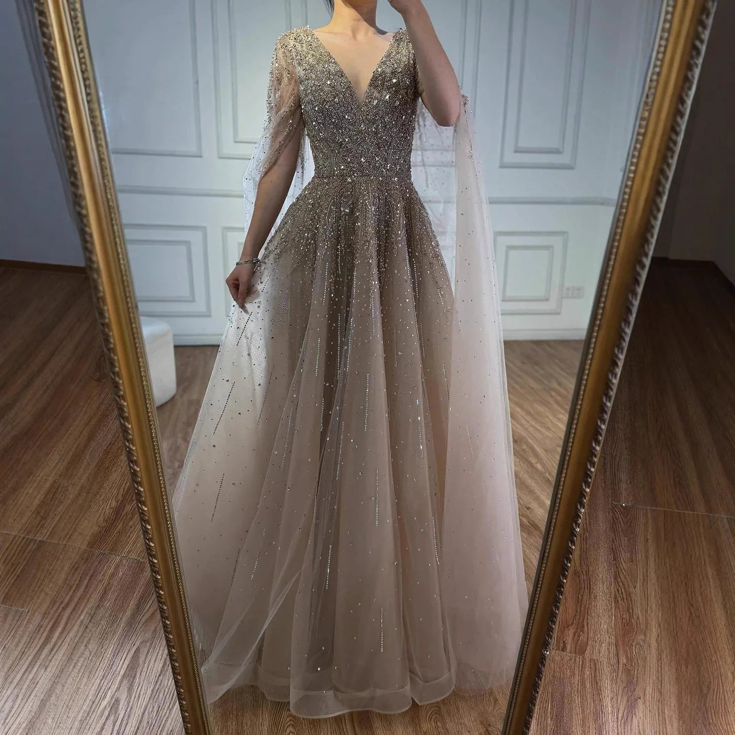 Luxury Caramel Dubai Evening Dress with Cape LA73269 - SERENE HILL