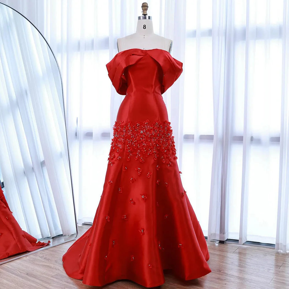 Luxury Peach Satin Mermaid Evening Dress with Appliques LA72483