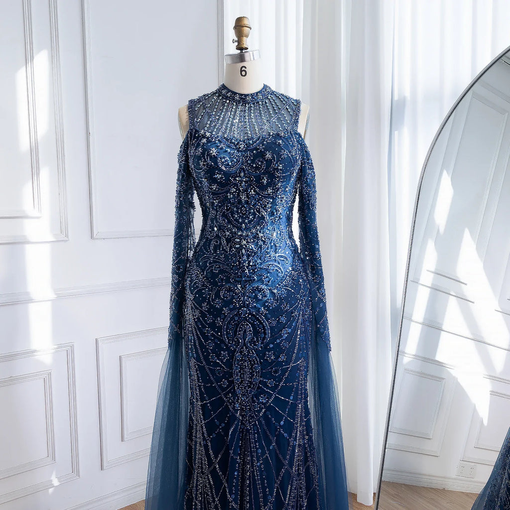 Luxury Dubai Navy Blue Beaded Lace Evening Dress with Cape Sleeves LA73323 - SERENE HILL