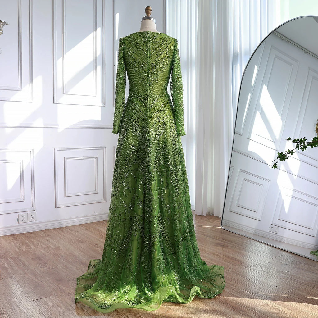 Luxury Lime Green Lace Beaded Long Sleeve Evening Dress LA73324 - SERENE HILL