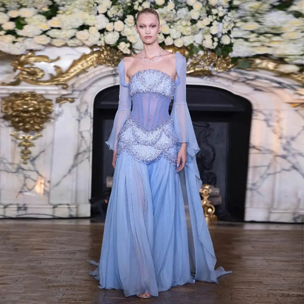 Luxury Blue Evening Dress with Pearls Tassels and Flowing Coat LA72978A