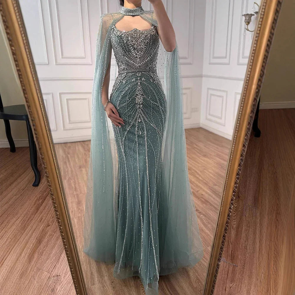 Luxury Dubai Nude Mermaid Evening Dress with Cape Sleeves LA73195 - SERENE HILL