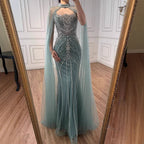 Luxury Dubai Nude Mermaid Evening Dress with Cape Sleeves LA73195 - SERENE HILL