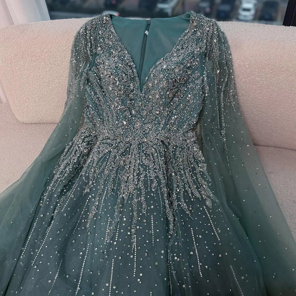 Luxury Caramel Dubai Evening Dress with Cape LA73269 - SERENE HILL