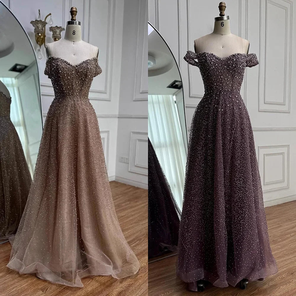 Caramel Off Shoulder A-Line Arabic Evening Dress LA72147B
