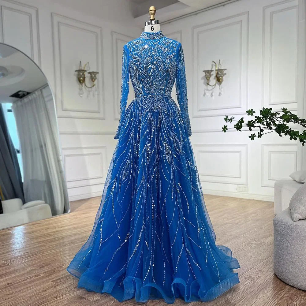 Luxury Muslim Blue A-Line Beaded Dubai Evening Dress LA72302A - SERENE HILL