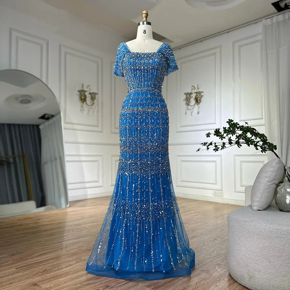 Luxury Dubai White Mermaid Beaded Evening Dress with  Cape Sleeves LA72714