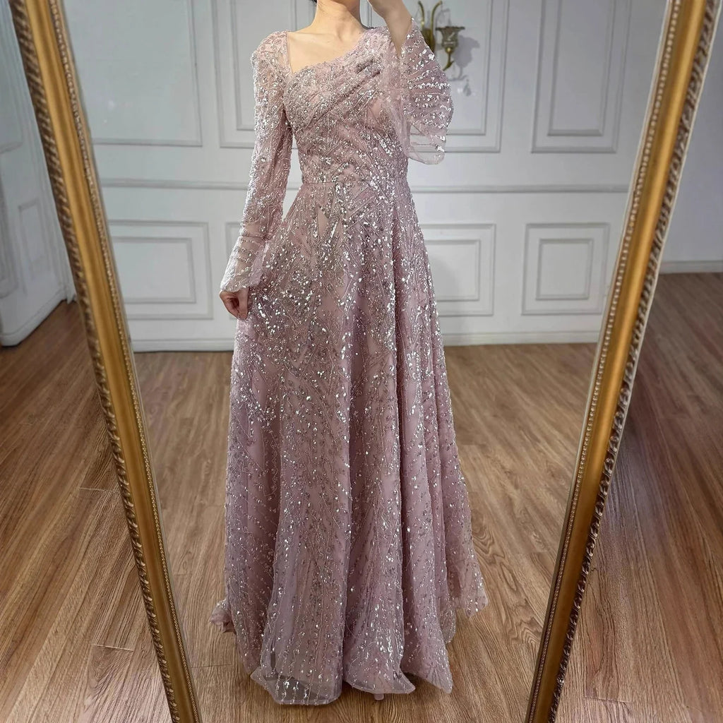 Luxury Turquoise Beaded A-Line Evening Dress with Puffy Sleeves LA73177