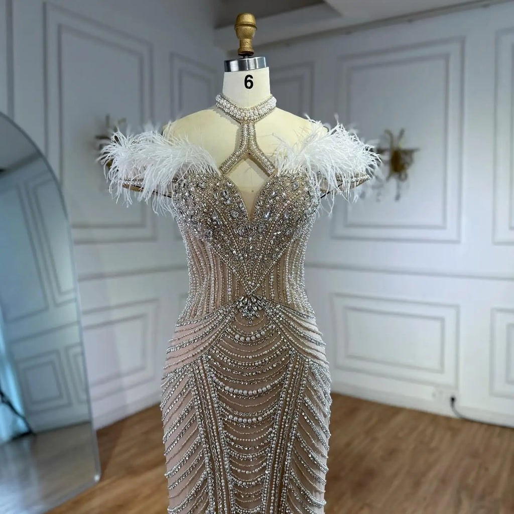 Luxury Pink Feather Halter Beaded Evening Gown for Wedding Party LA73212 - SERENE HILL