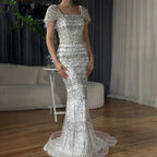 Luxury Dubai White Mermaid Beaded Evening Dress with  Cape Sleeves LA72714