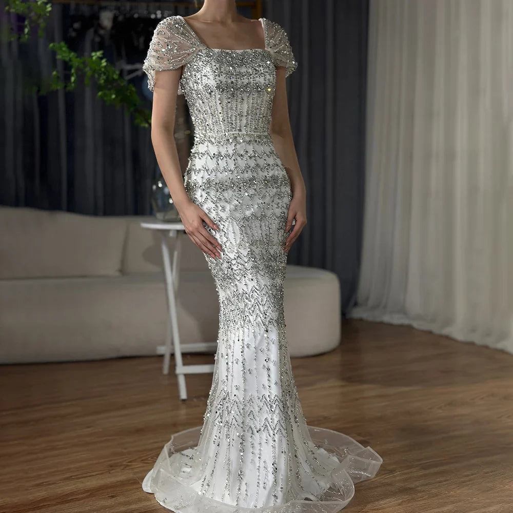 Luxury Dubai White Mermaid Beaded Evening Dress with  Cape Sleeves LA72714