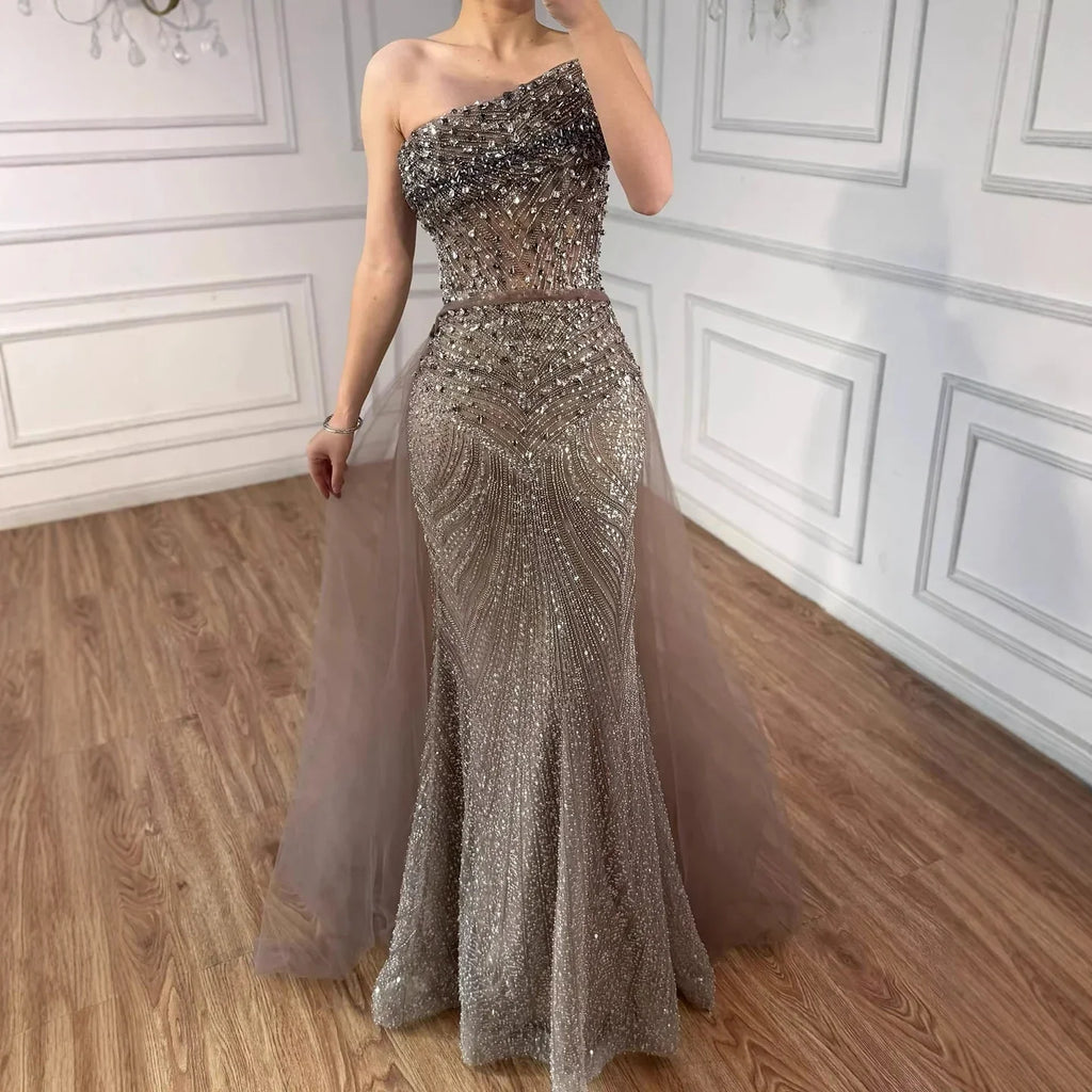 Luxury Olive Green Beaded Mermaid Evening Dress with Detachable Overskirt LA73164A