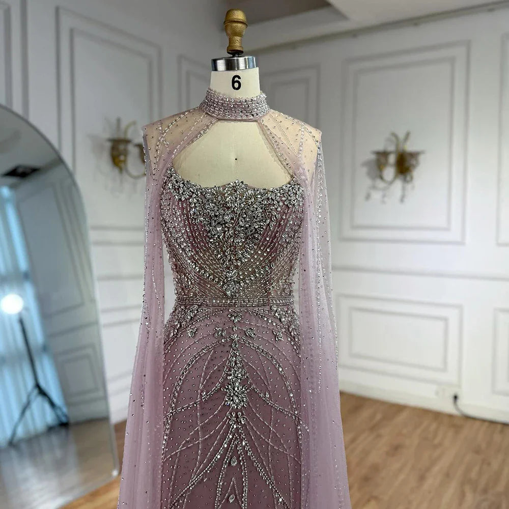 Luxury Dubai Nude Mermaid Evening Dress with Cape Sleeves LA73195 - SERENE HILL