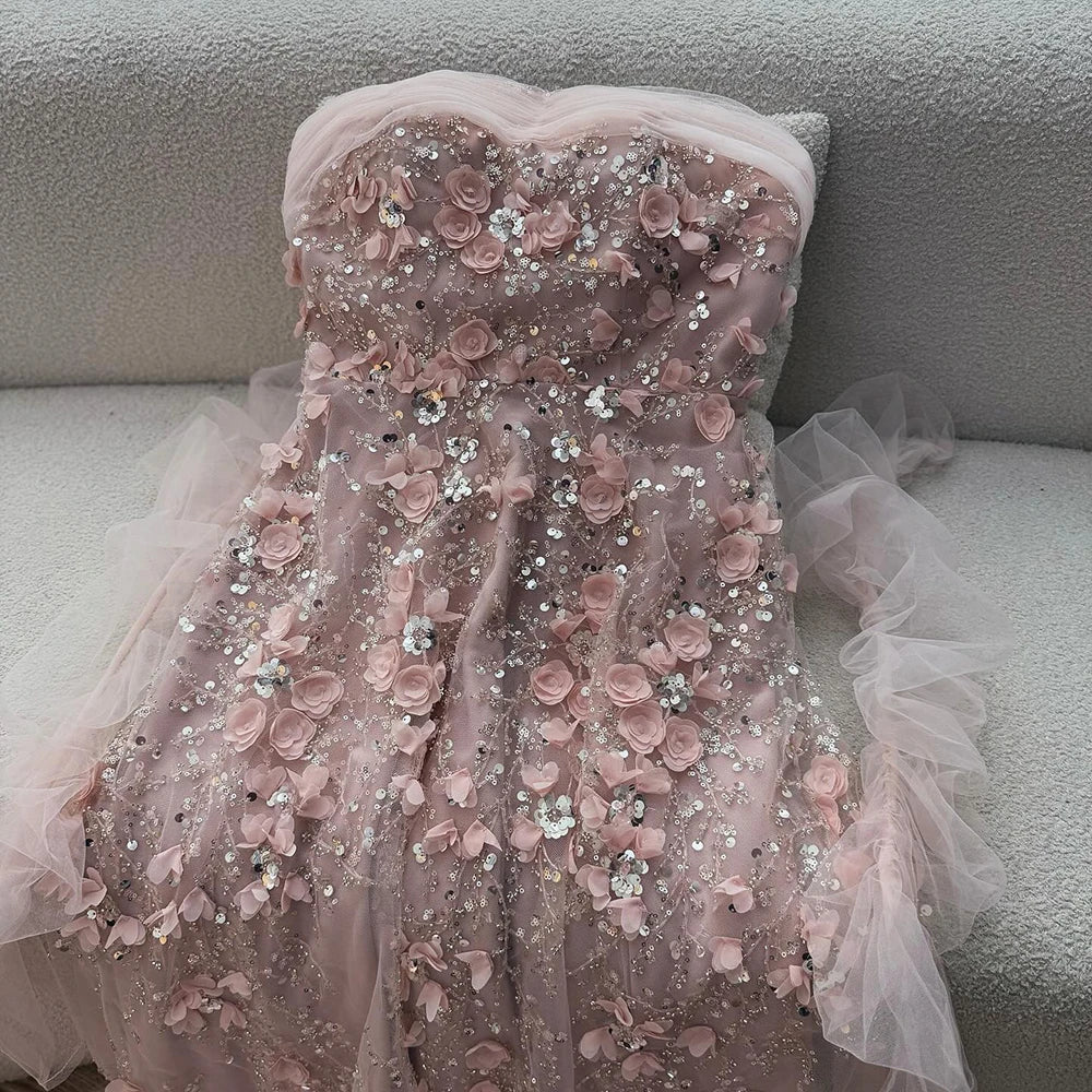 Elegant Pink 3D Flowers Evening Dress with Gloves LA72912