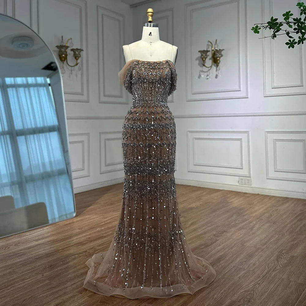 Luxury Dubai White Mermaid Beaded Evening Dress with  Cape Sleeves LA72714