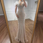 Luxury Pink Feather Halter Beaded Evening Gown for Wedding Party LA73212 - SERENE HILL