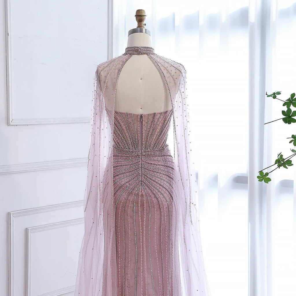 Luxury Dubai Caramel Beaded Evening Dress With Cape LA72811C - SERENE HILL