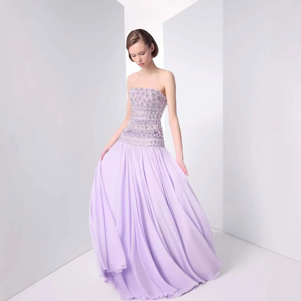 Lilac   Beaded A Line Arabic Evening Dress LA73044