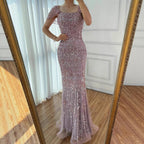 Luxury Dubai White Mermaid Beaded Evening Dress with  Cape Sleeves LA72714