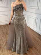 Luxury Olive Green Beaded Mermaid Evening Dress with Detachable Overskirt LA73164A