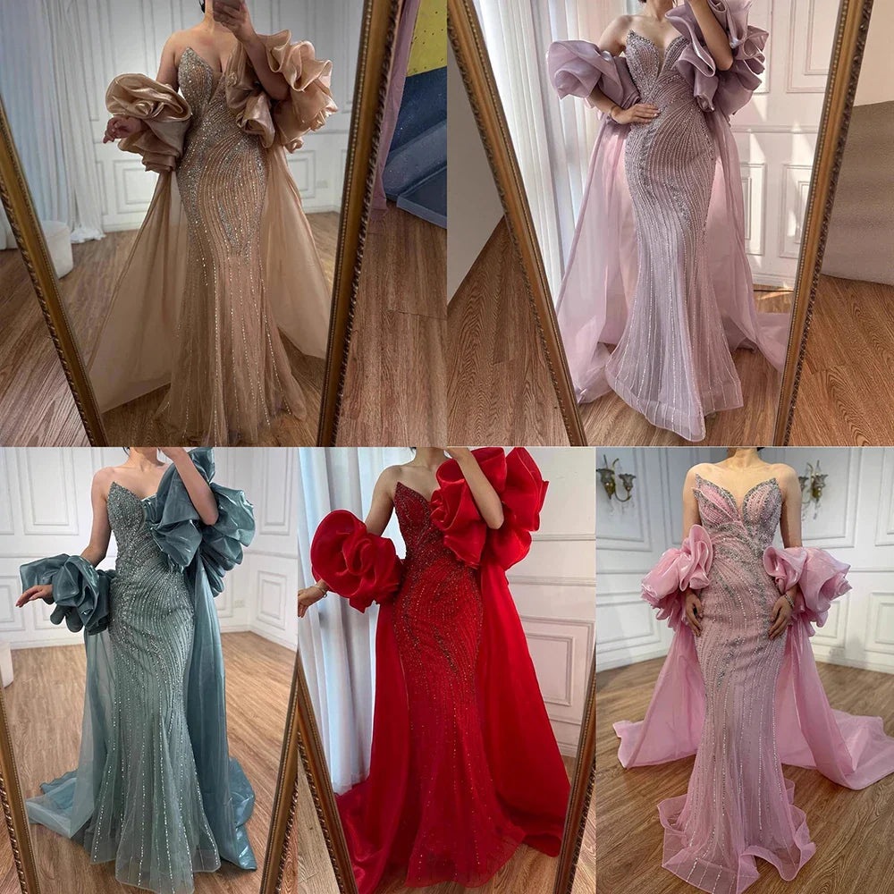 Red Trapless Mermaid Beaded Evening Dress with Cape LA72896