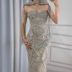 Nude Luxury Beaded Evening Dress with Tassel Short Cape LA72876