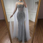 Luxury Turquoise Crystal Beaded Evening Dress with Cape LA73202 - SERENE HILL