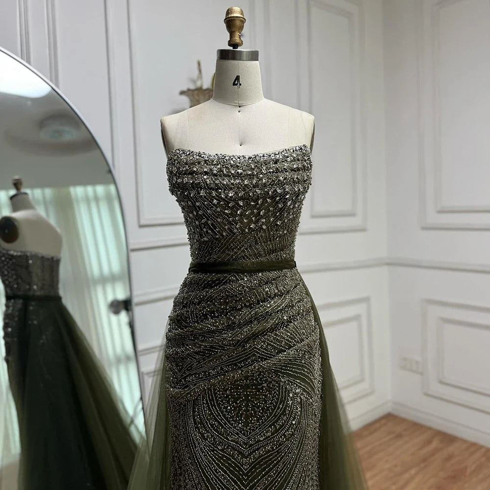 Lilac Olive Green Mermaid Evening Dress with Detachable Overskirt LA73162