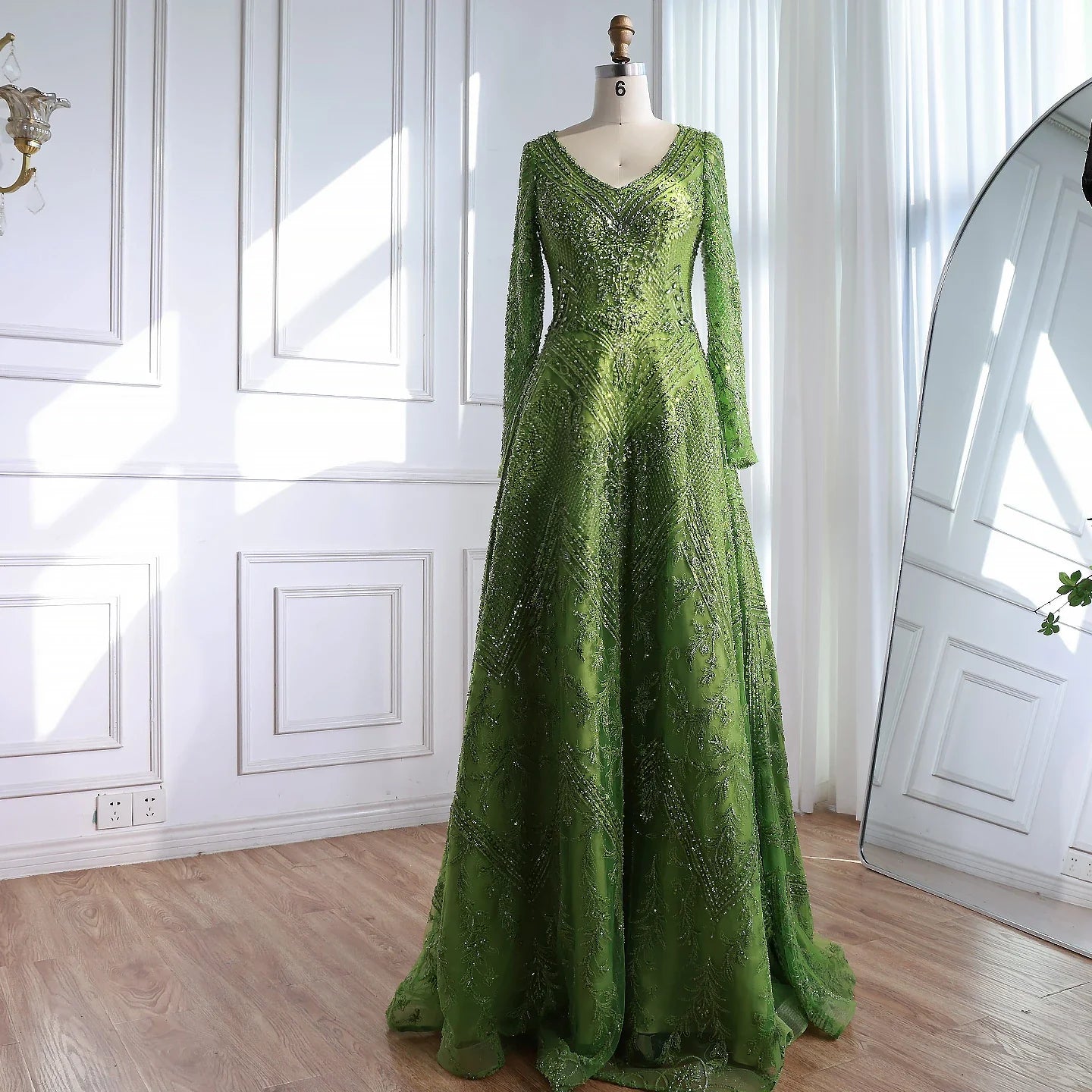 Luxury Lime Green Lace Beaded Long Sleeve Evening Dress LA73324 - SERENE HILL