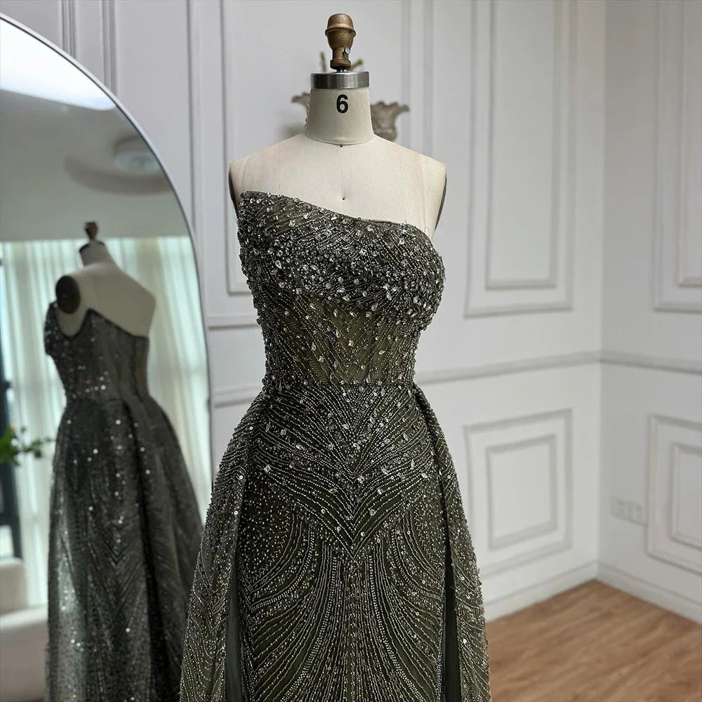 Luxury Olive Green Beaded Mermaid Evening Dress with Overskirt LA73164