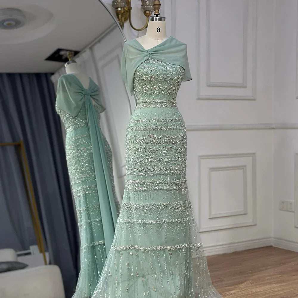Luxury Sage Green Beaded Evening Dress with Cape LA72126B