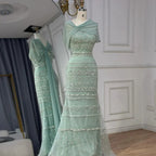 Luxury Sage Green Beaded Evening Dress with Cape LA72126B