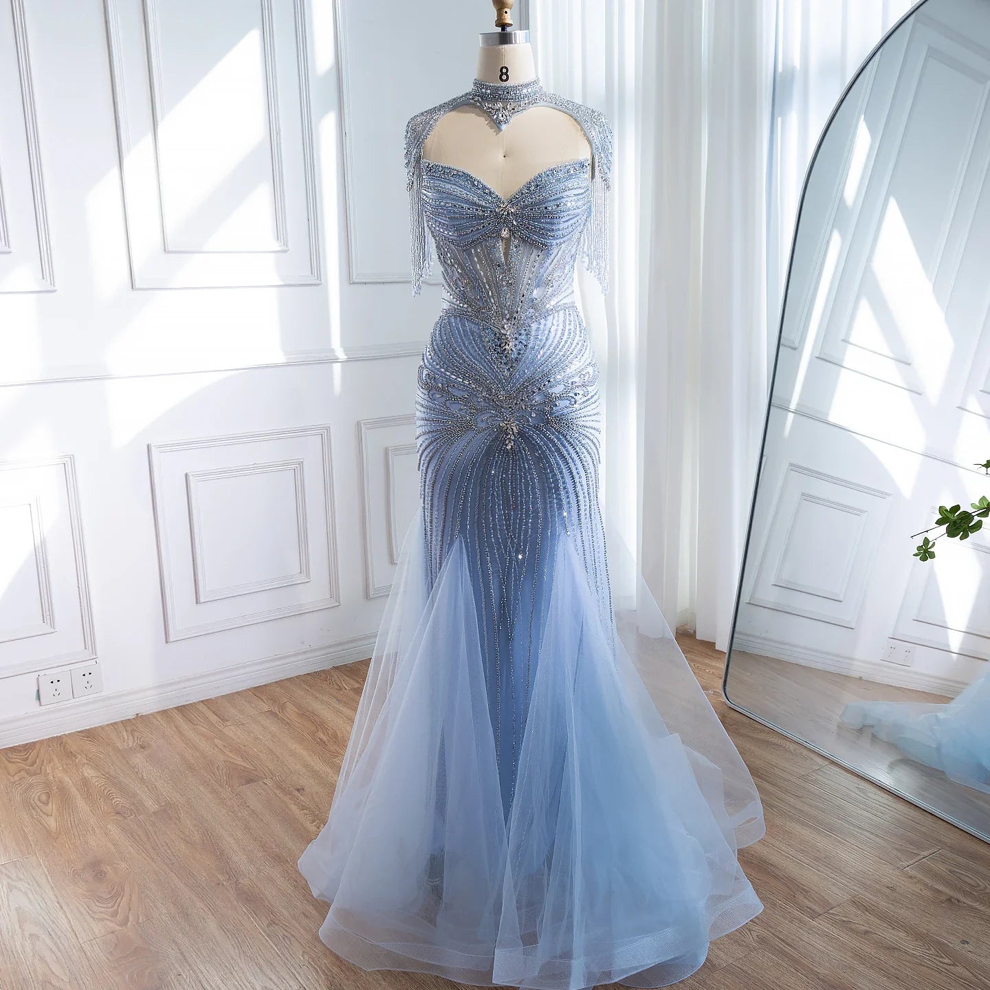 Luxury Dubai Beaded Blue Pink Evening Dress with Tassel Cape LA72897B - SERENE HILL